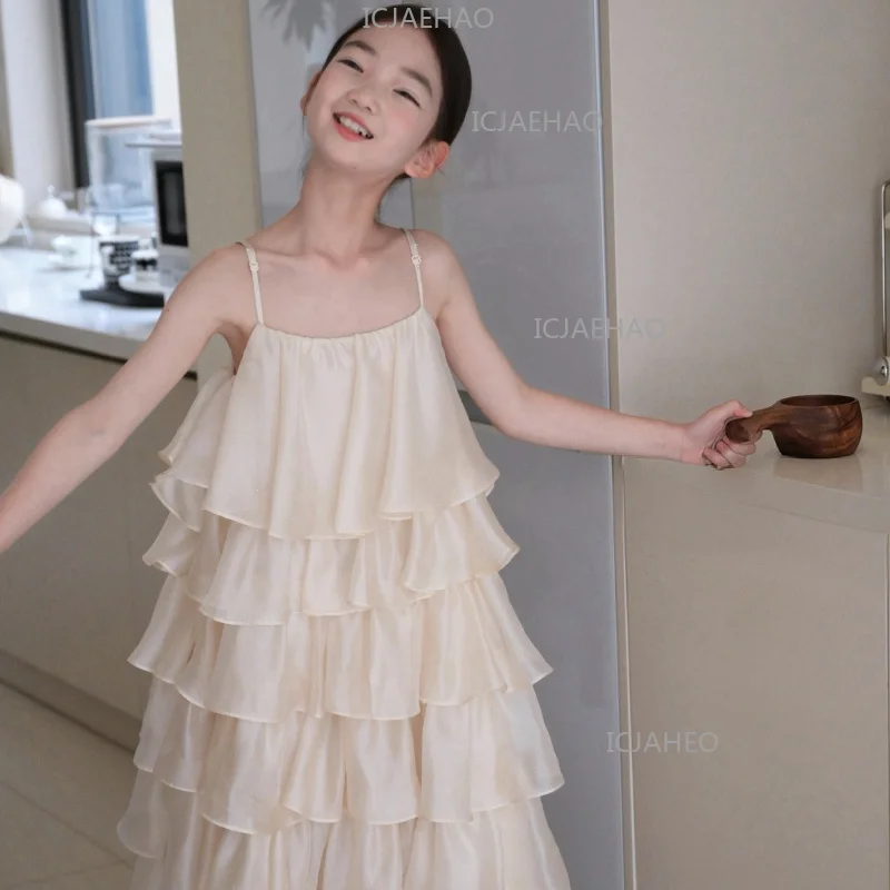2026 Children Beige New Kids Princess  Simple Sleeveless Display Style Pageant Girls Dress SummerGown Costume Elegant Fashion