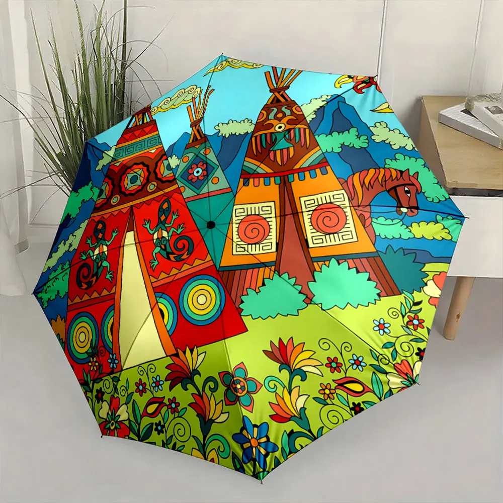 1PC Colorful Umbrella with Geometric and Animal Patterns Print 8 Iron Ribs Folding Umbrella Auto-Open Fashion Sunshade