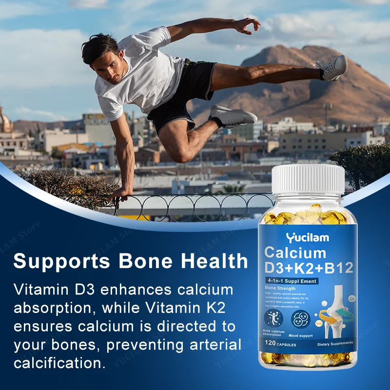 Vitamin D3 + K2 + B12 Calcium Capsule Daily Vitamin Supplement Supports Healthy Bones & Muscles & Heart & Energy & Mood Function