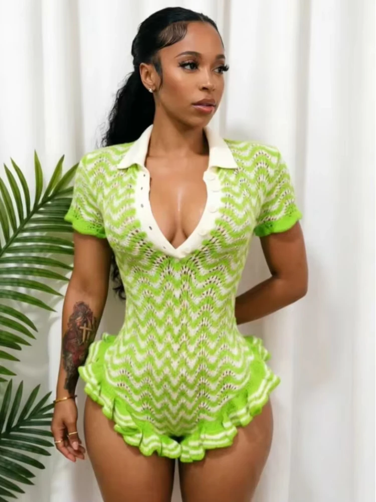 Sisterlinda Chic Ruffled Edge Knit Romper Women Sexy Single-Breasted Turn Down Collar Short Sleeve Trend Party Street Playsuit