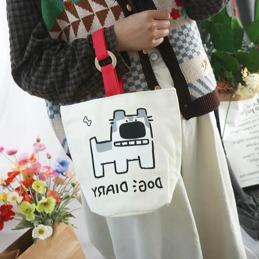 Bolso de mano de lona de perro Husky, bolsa plegable con forma de cubo, con letras de dibujos animados de Fadou, para la escuela