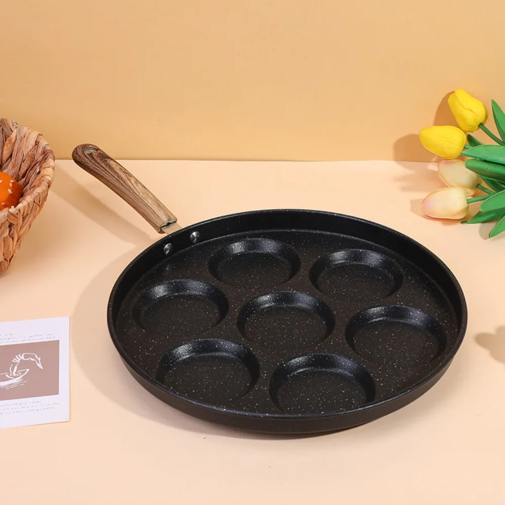 

Household 4/7 Hole Egg Frying Pan Wood Grain Handle Divided Breakfast Egg Pan Non-stick Universal Egg Cooker Induction Cook-top