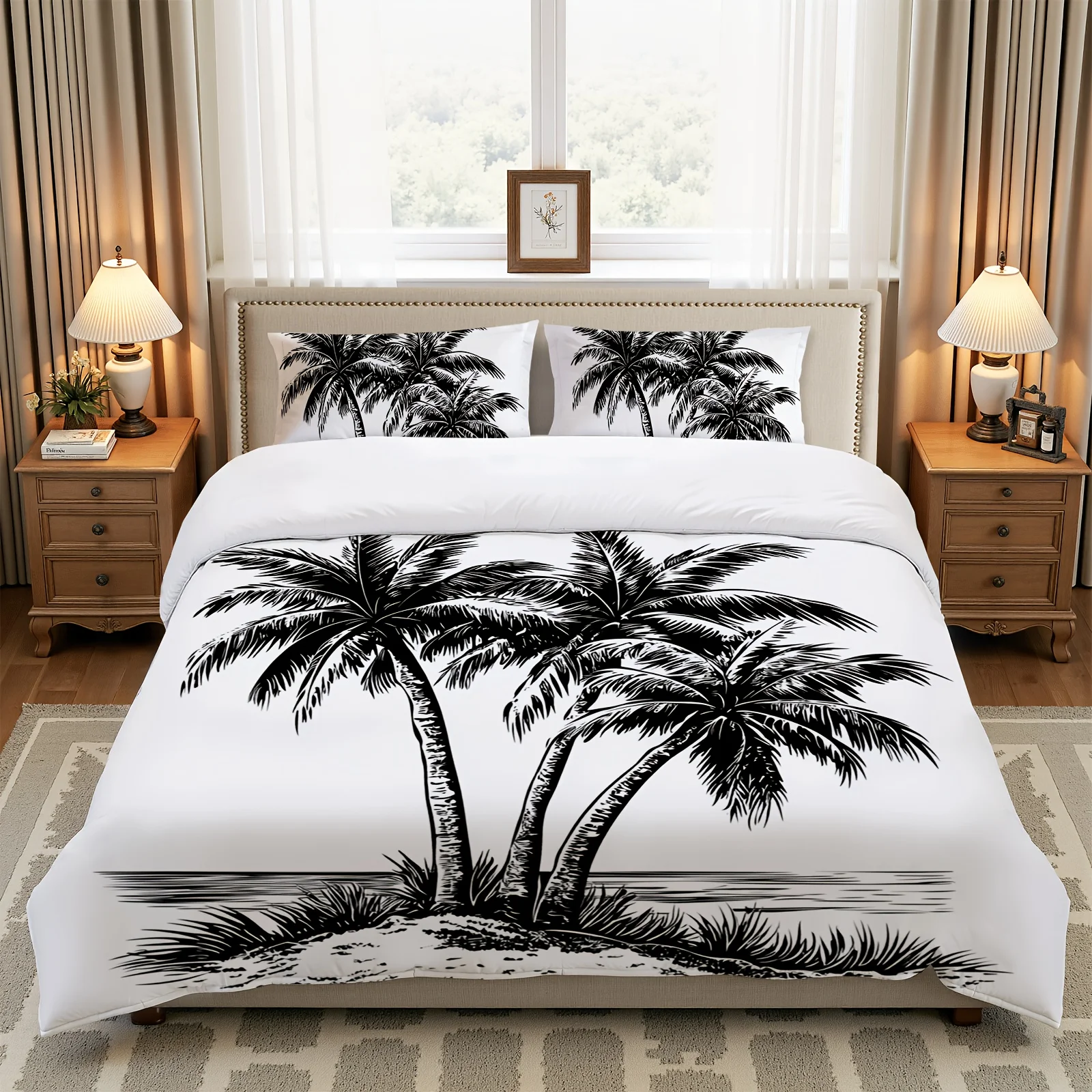 Zippered Duvet Cover Set, Flat Print Duvet Cover Set with Palm Tree Beach Style, Natural Theme Bedding Set (1 Duvet Cover + 2 Pillowcases), Suitable for All Seasons, Machine Washable, Invisible Zipper Design, Large Double Bed Cover Set, Suitable for Home, Dormitory, Master Bedroom, Guest Room, Bedroom Decor Bedding, Hot-Selling Fantasy Style Duvet Cover Set