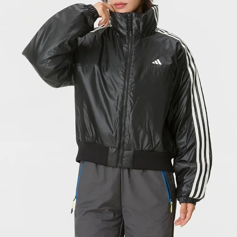 Adidas Women's Coat 2026 Winter New Striped Stand-up Collar Warm Windproof Sports Casual Cotton-padded Coat KW4746