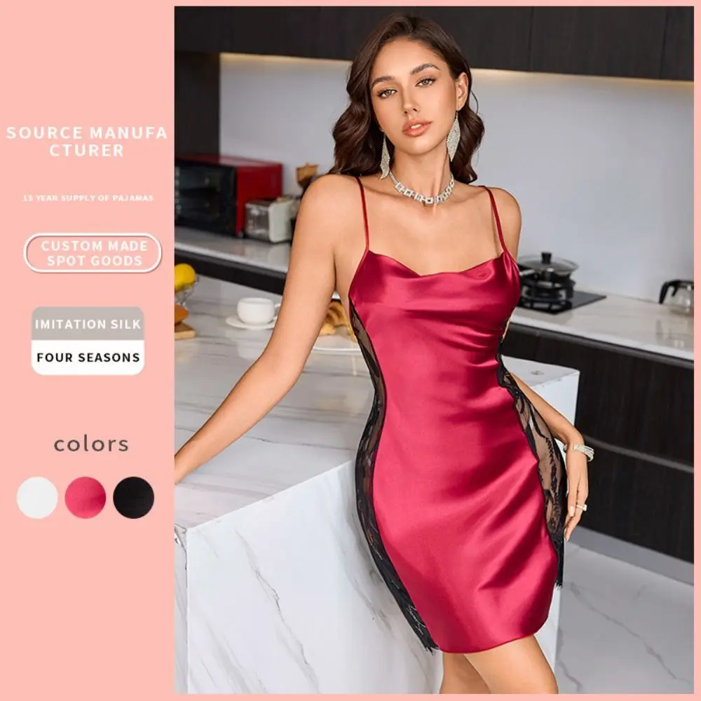 Sexy Satin-Like Slip Nightdress Lace Trim Backless Lace Nightgown Glossy Spaghetti Strap Satin Sleep Dress Home Wear
