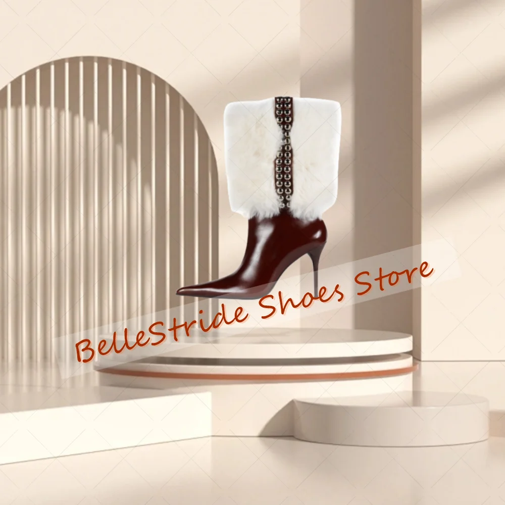 

Brown Fur Decor Round Rivets Boots Pointed Toe Women Shoes Stilettos High Heels Party Banquet Dating 2025 Zapatos Para Mujere