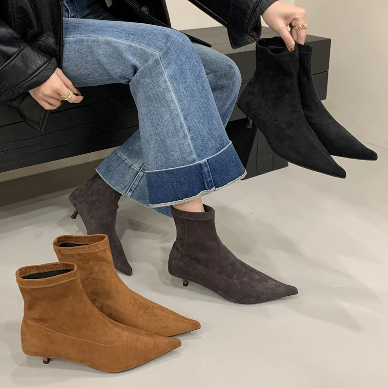 

sock boots woman shoes pointed toe stretch boot sexy slip on spike heels ankle boot designer comfortable black camel gray