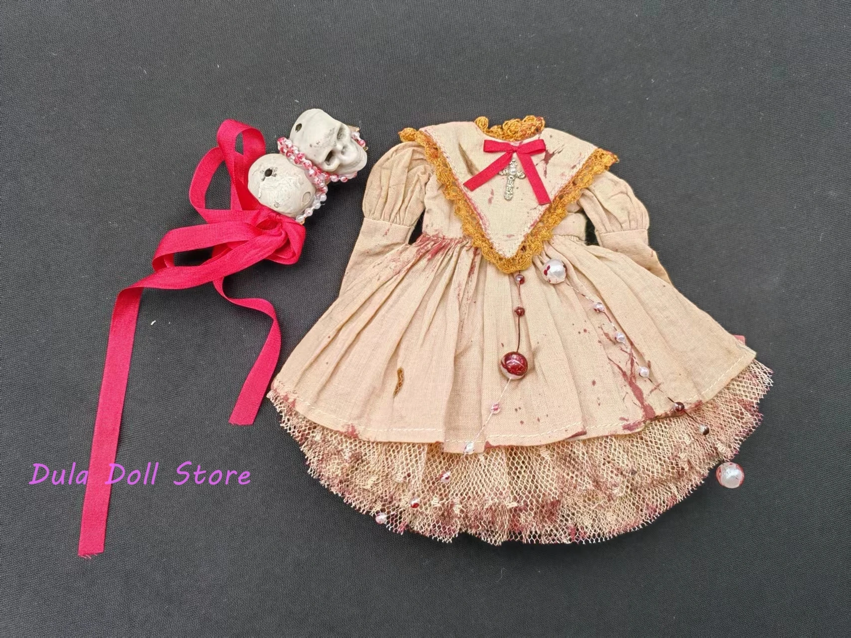 Vestiti per bambole Dula Abito Halloween Macchiato di sangue scuro Brucia Gonna con teschio Blythe Qbaby ob24 ob22 Bambola Bjd