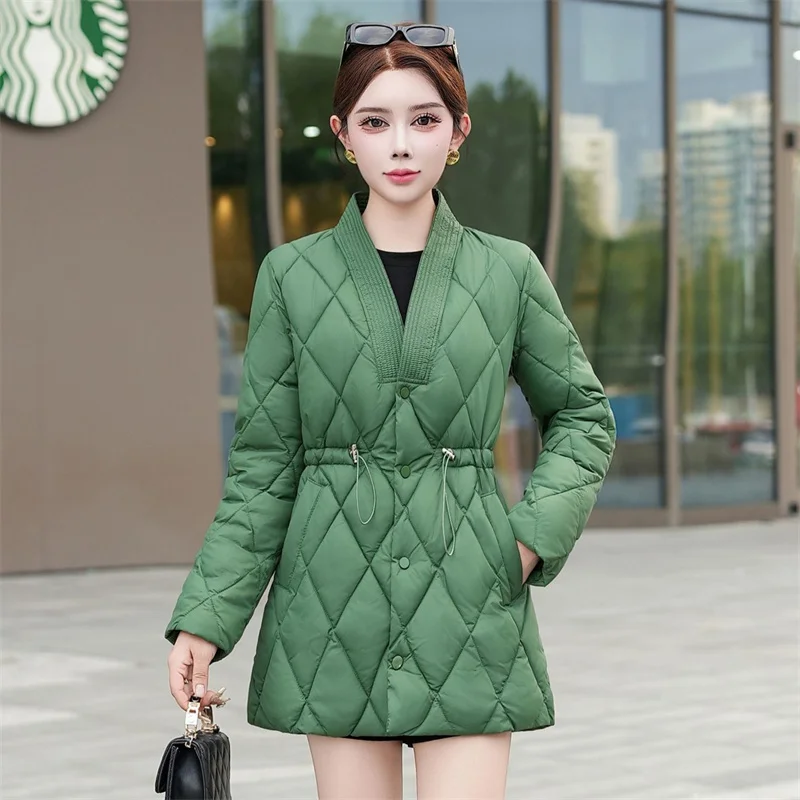 2026 New Mid Length Cotton Jacket for Women Autumn Winter  Medium Thick Cotton Coat Temperament Waist Cinching Warm Jacket