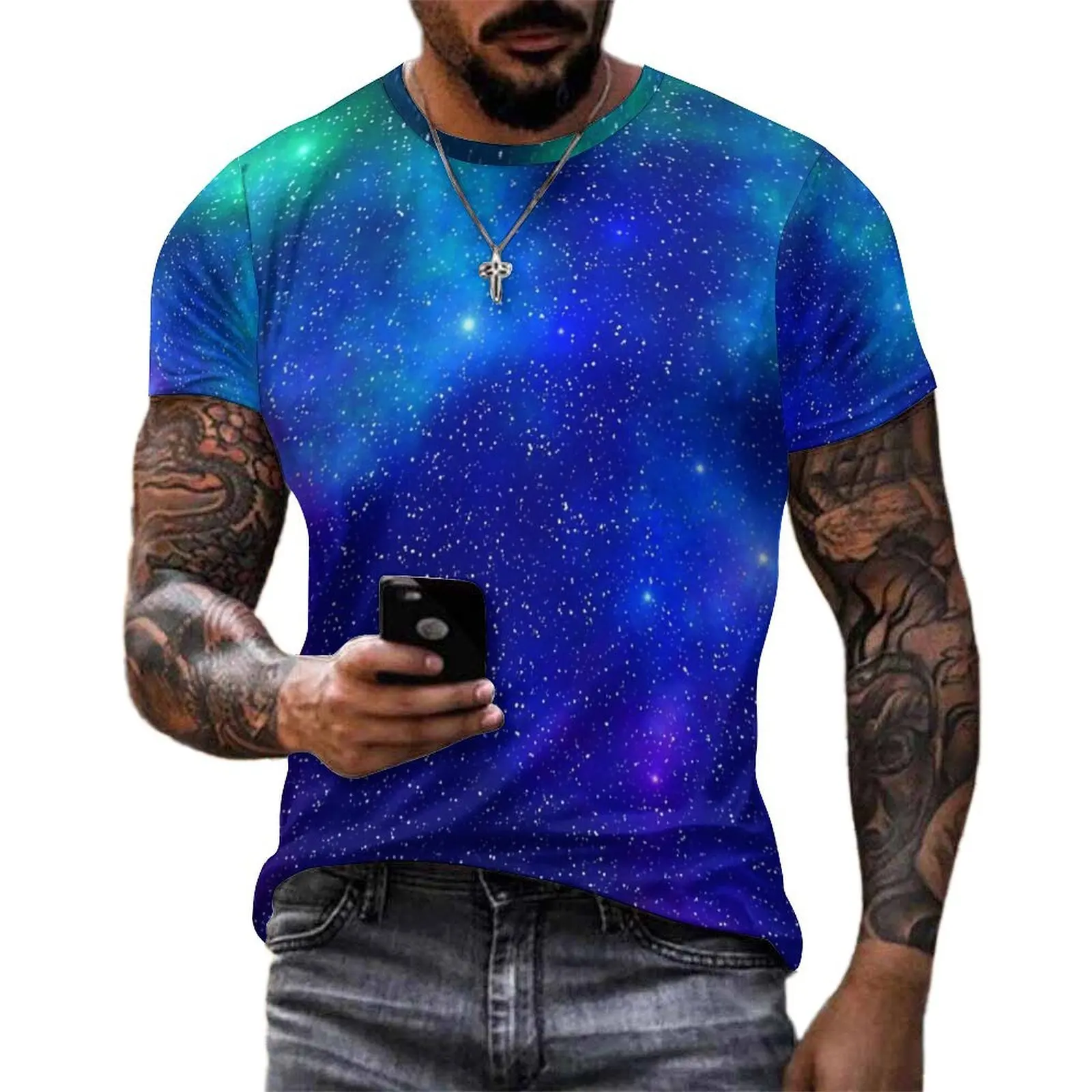 Galaxy Nebula T Shirt Blue And Purple Hippie T-Shirts Man Streetwear Tee Shirt Summer Short Sleeve Design Top Tees Big Size