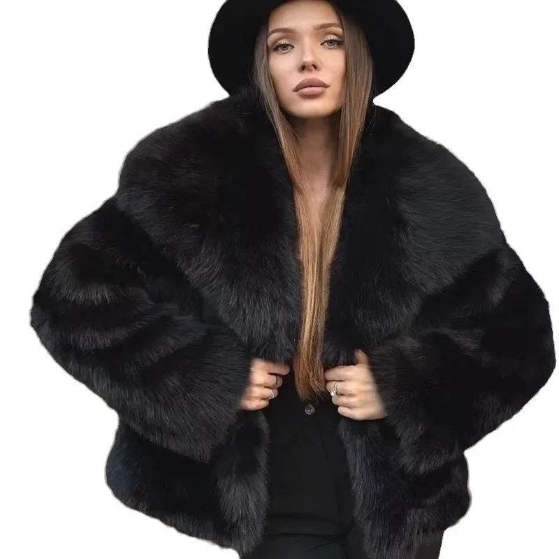 Fake fur coat for women large lapel faux fur jacket for women Fluffy casual fox fur coat for women