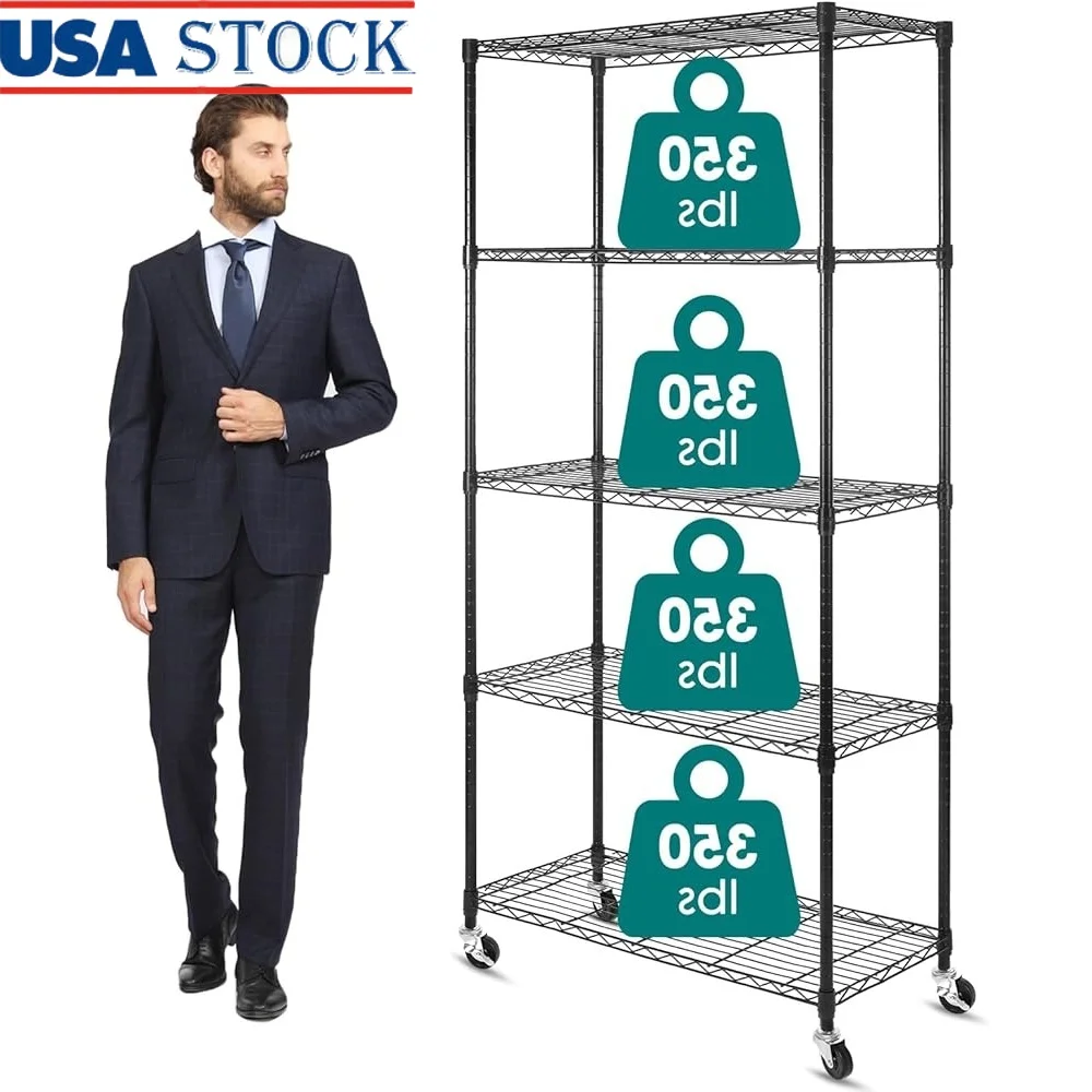 

5-Tier Adjustable Metal Shelving Unit on Casters Heavy Duty Storage Rack Kitchen Office Garage Bathroom Organization