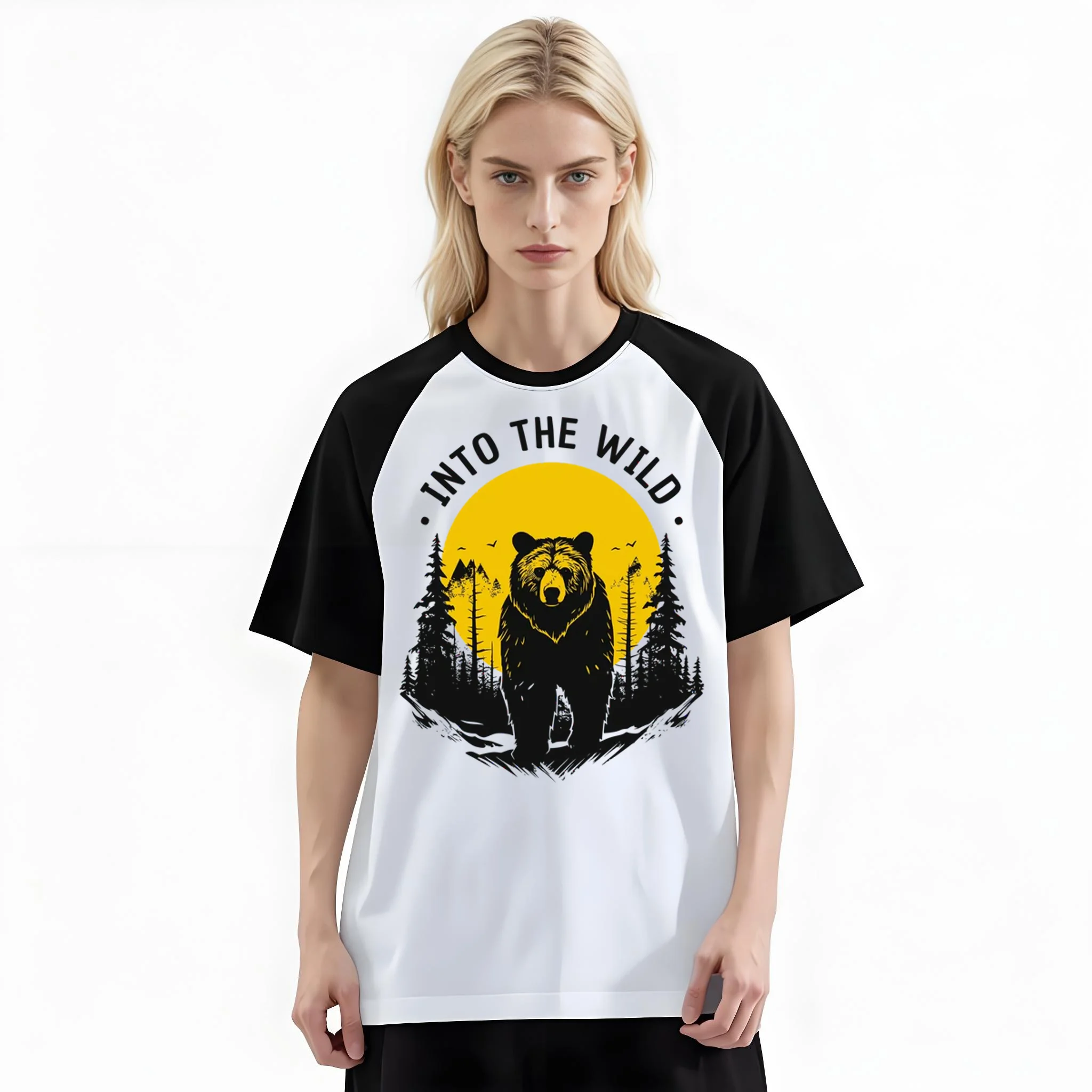 Women'S Fashion Raglan Sleeve T-Shirt, Into The Wild Forest Bear Sunset Outdoor Adventure Printed, Summer Casual Comfortable Tee, Women'S Everyday Short-Sleeve Top