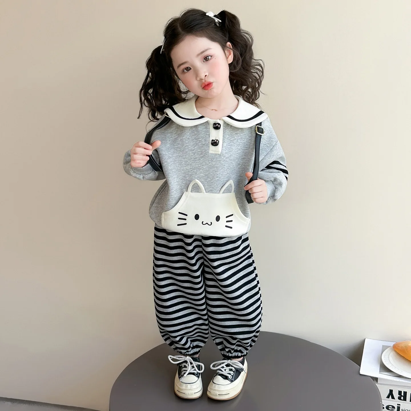

Girls Spring Doll Collar Striped Pants Set 2026 New