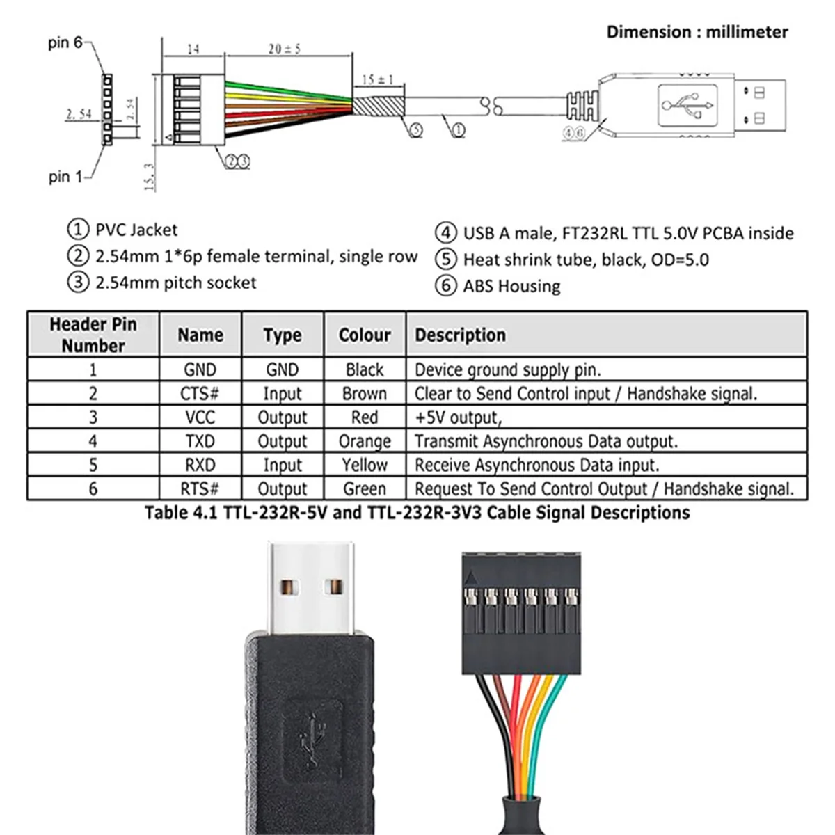 6Pin TTL-232R-3V3 FT232 USB 2.0 إلى TTL 5V 3.3V تحميل وحدة محول كابلات التصحيح ل
