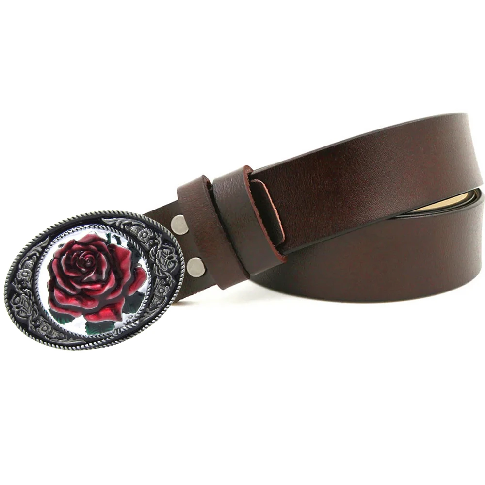 

Western Cowboys Rose Buckle Belt Men Fashion Cowskin Brand Design Long Women Belts