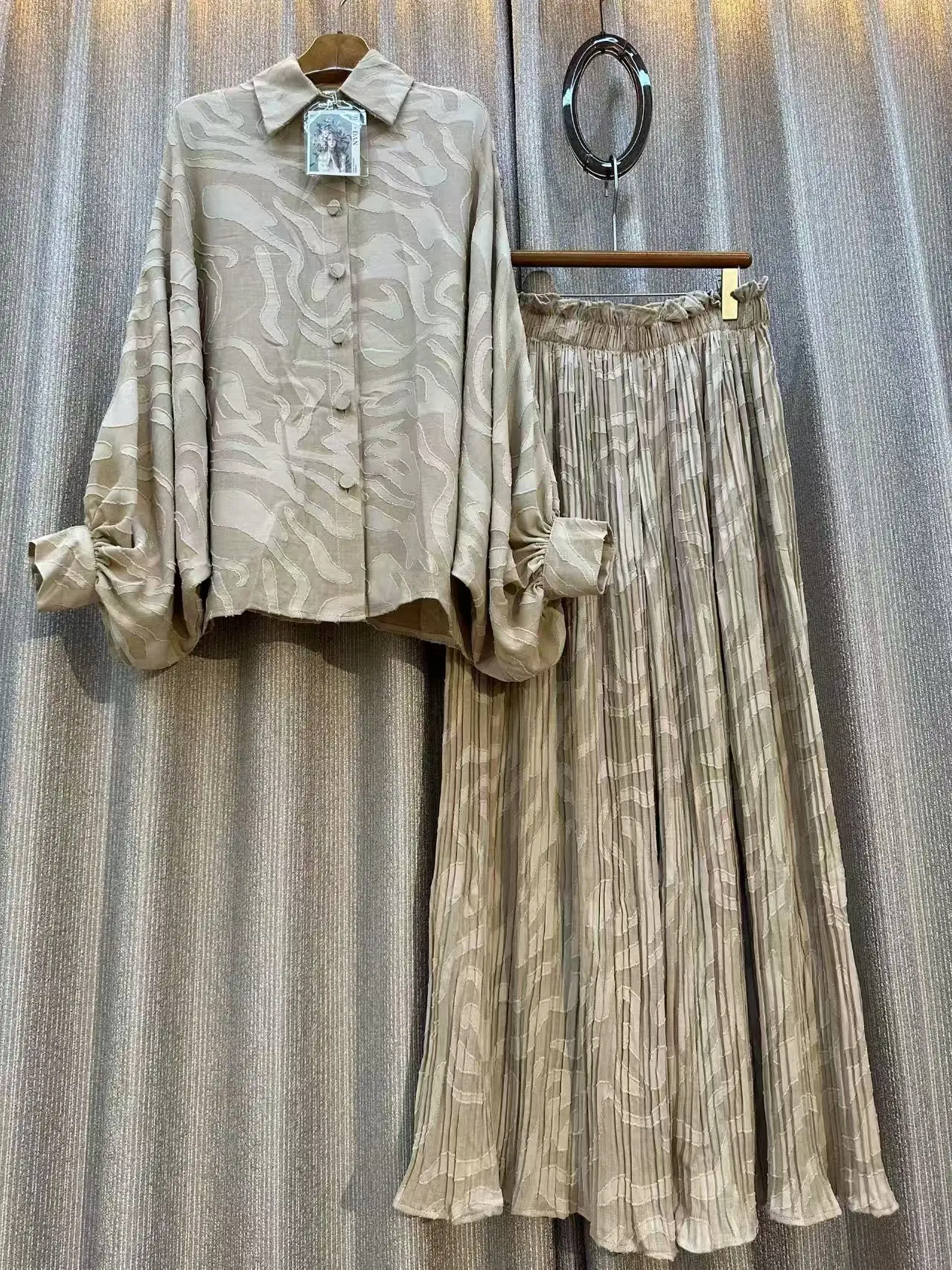 Herbst Grau Floral Zwei Stück Set Frauen Muslime Kleidung Pocelain Jacke Shirts Elastische Taille Breite Bein Lange Hosen 2 stücke Outfits