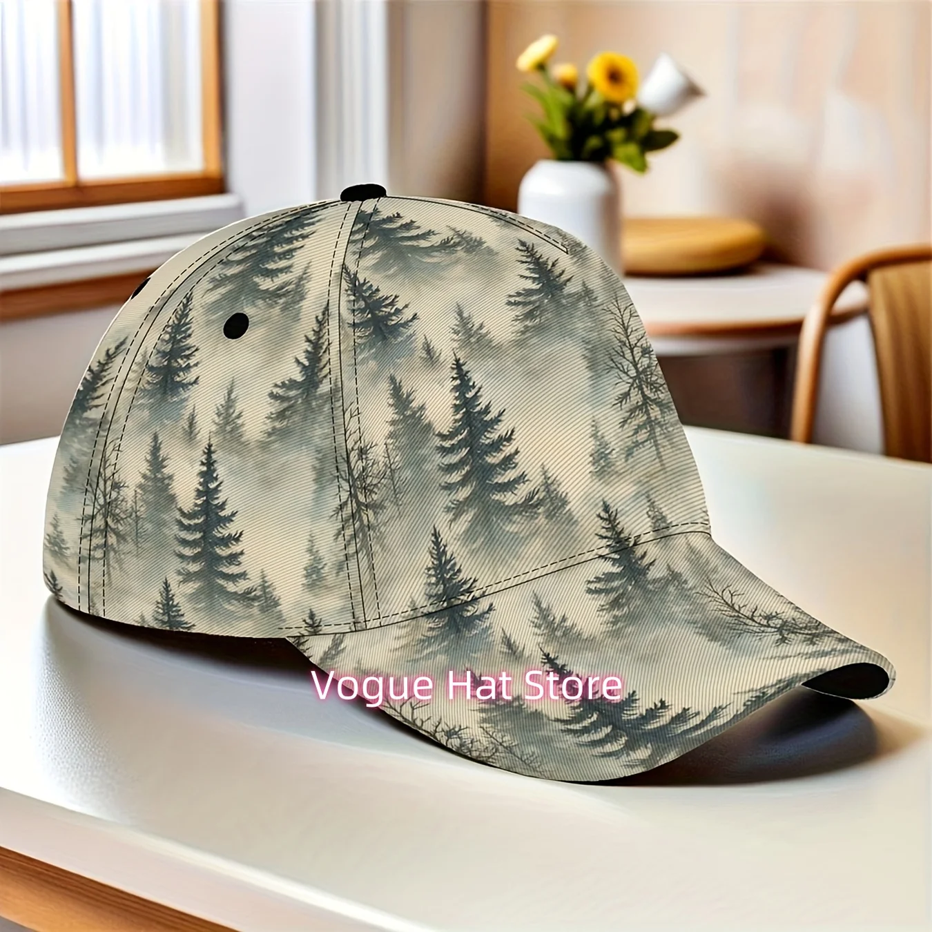 1pc of a Baseball Cap Featuring a Misty Coniferous Forest Landscape - Adjustable Snapback, Lightweight And Foldable, Black with