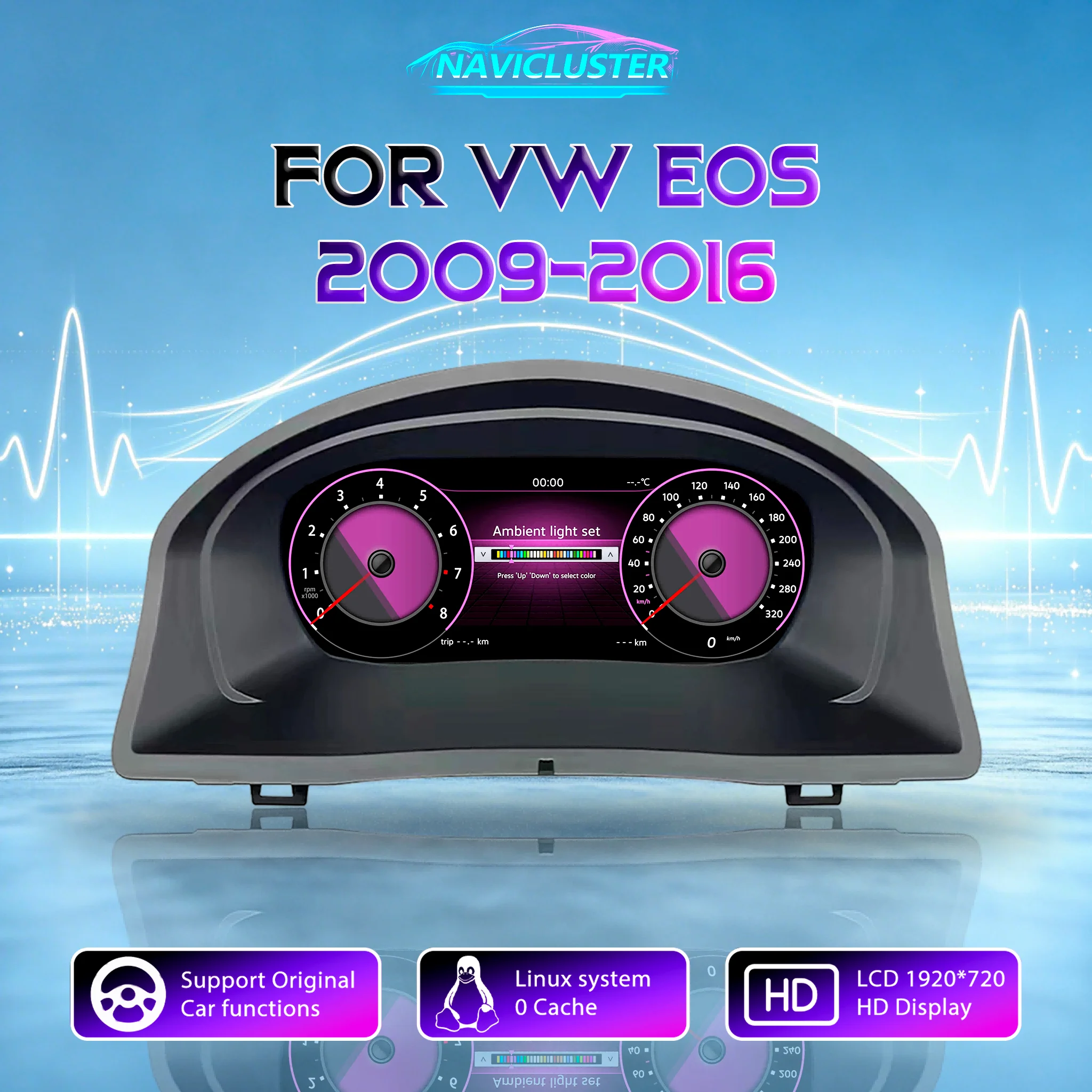 HD-Bildschirm 1920*720 10,25 Zoll Tachometer Linux LCD Digitales Dashboard für VW EOS Baujahre 2003-2008 2009-2016 Cluster Auto Instrumententafel Cockpit