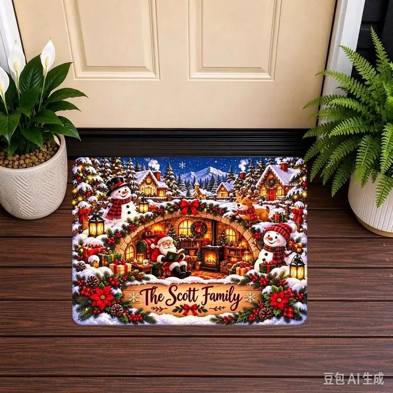 VIKAMA 3D Brick Tunnel Santa Snowman Reindeer Doormat Entryway, Non Slip Machine Washable Holiday Xmas Rug Home Decor