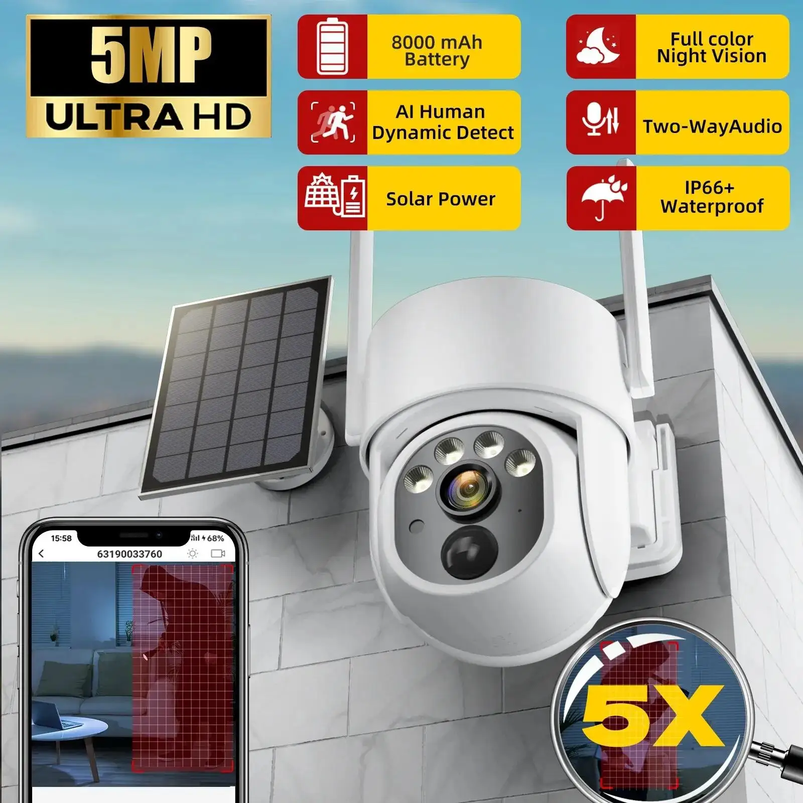 

IP-камера ПНН на солнечной батарее с Wi-Fi, 5 МП, IP66, водонепроницаемая, с 5-кратным увеличением, 8000 мАч