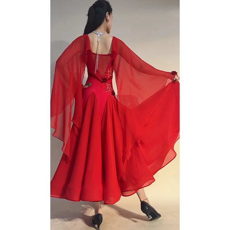 Robe de danse de valse personnalisée pour femmes, robe de concours de danse de salle de bal, longue robe rouge et blanche, Costume de danse sociale de bal L17131