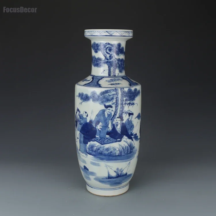 Large Chinese Vase Qing Kangxi Blue and White Chess Figure Bottle Antique Porcelain Vase Collection Large Ceramic Floor Vase