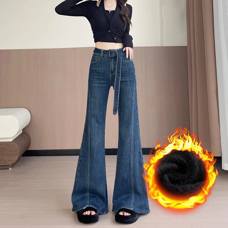KSTUN Women's Bell-bottom Jeans With Fleece High Waist Thicken Flare Pants Stretchy Denim Trousers Matching Belt Design Winter