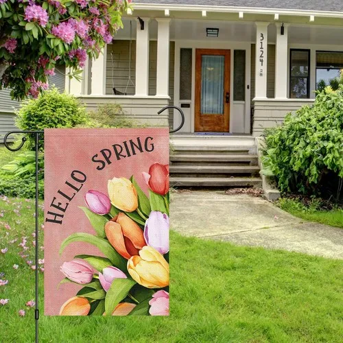 Welcome Spring Garden Flag Double Sided Vertical, Burlap Small Tulip, 12x18 XXQ