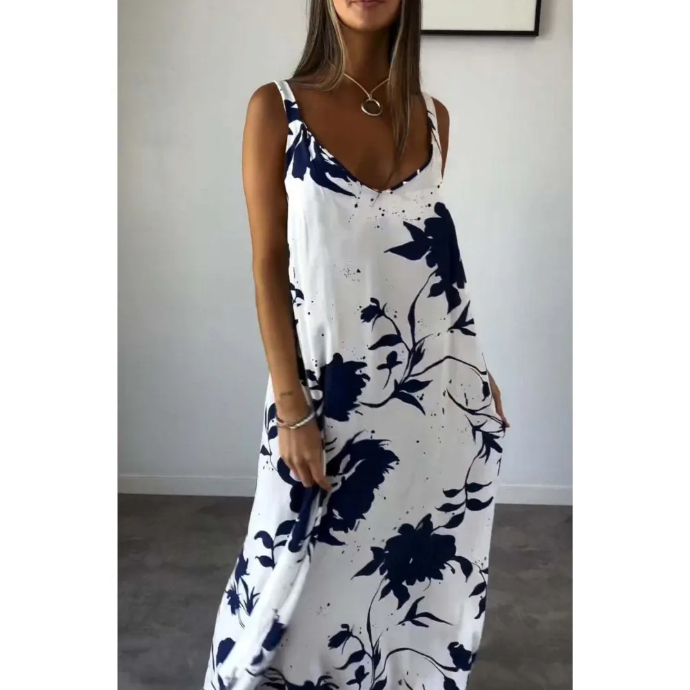 Robe longue de vacances décontractée pour femmes, imprimée, col en v, sans manches, dos nu, mode, Sexy, bretelles, Maxi, nouvelle collection été 2025