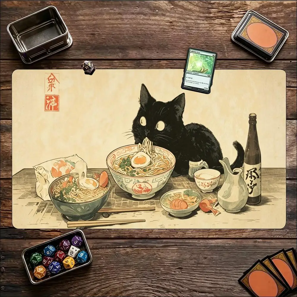 Cute Ukiyo‑e Black Cat Japanese Food Art Pattern Non‑Slip Rubber Game Mat For Card Game Sessions And Daily Desktop Activities