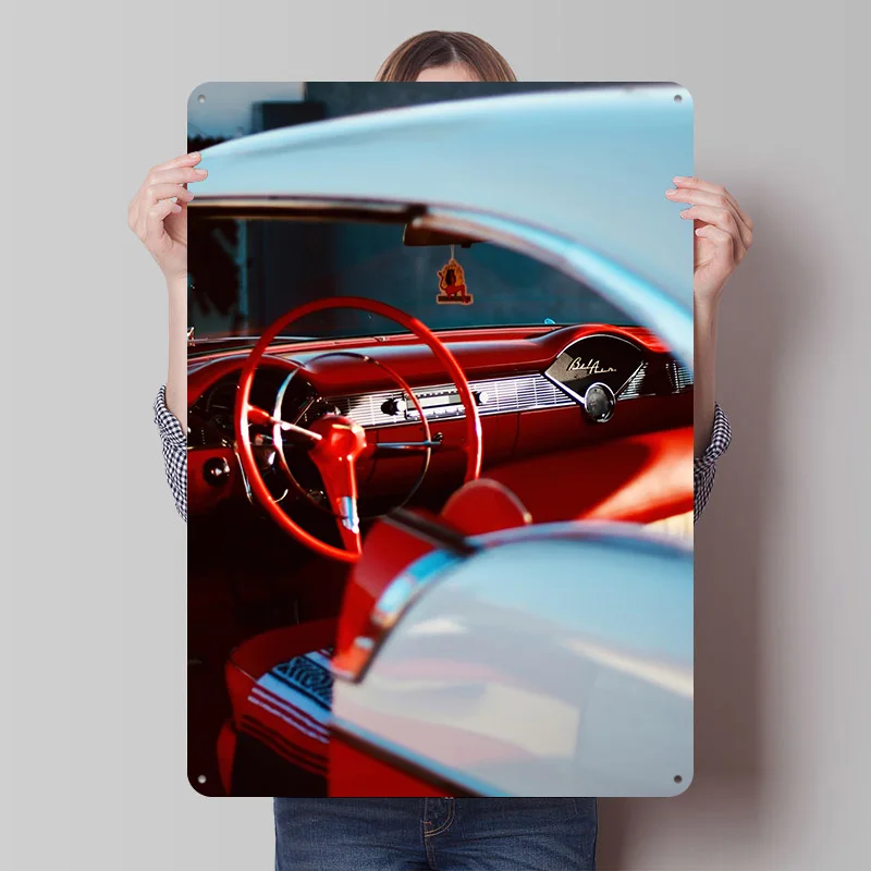 Classic Interior: Red and White Car Poster Customized Vintage Metal Signs Wall Art Retro Tin Plaque for Fans Coffee Bar Man Cave