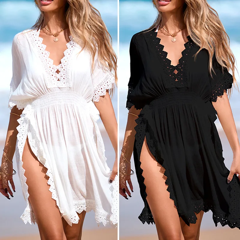 Picture 3: New Hollow Lace Deep V-neck Side Split Waist Seaside Beach Vacation Dress Smock