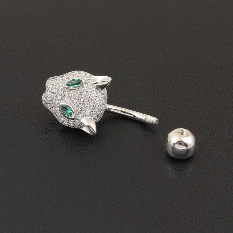 Belly Button Ring Real 925 Sterling Silver Leopard Head Body Jewelry S925 Zircon Clear Prevent Allergy Nickel Free Body Piercing