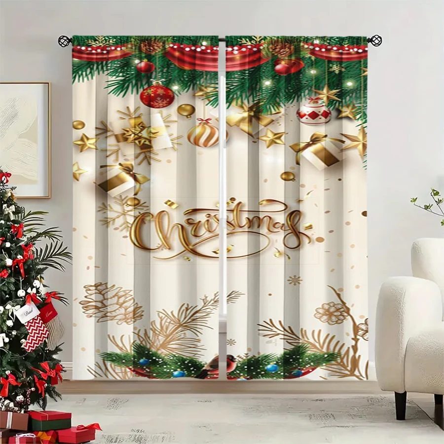 2PCS Christmas Winter Curtains, Gold Christmas Text Pine Ball Gift Star Beige, Digital Print, Bedroom Living Room, Home Decor