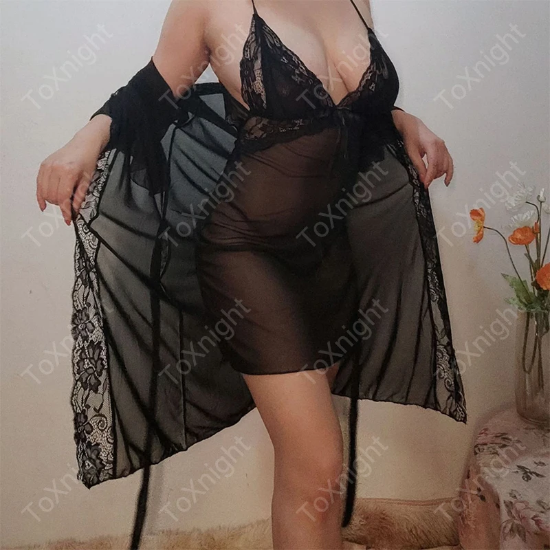 Sexy camisole lace nightgown Plus size XXXL 8 colors robe perspective sexy lingerie set hot underwear wholesale 005