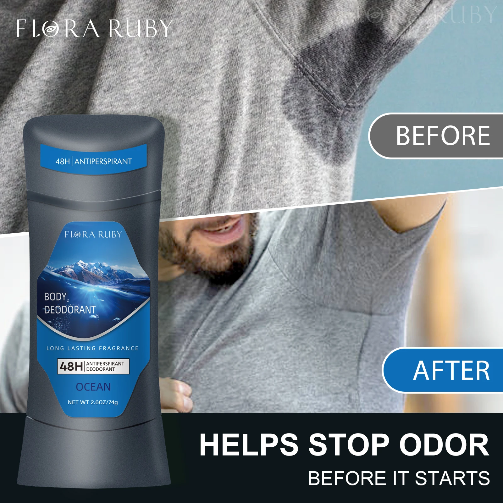 Crema desodorante de cuerpo completo para hombre, 72 horas, Control de olores de larga duración, eliminación de protección de olores, fragancia oceánica, desodorante deportivo para hombre