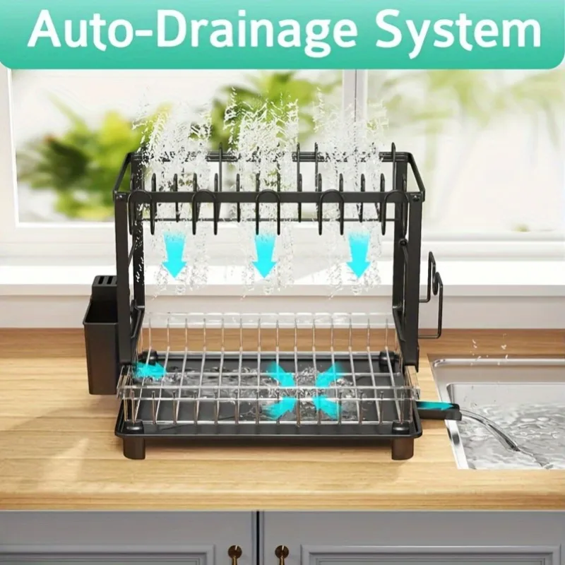 2-Tier Metal Dish Drying Rack – Black Kitchen Counter Dish Drainer with Drainboard, Two-Tier Storage Organizer
