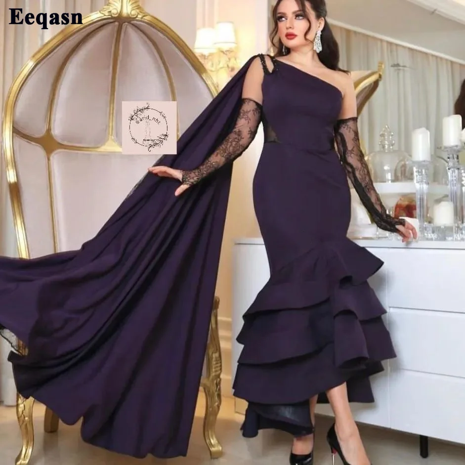 

Eeqasn Purple Mermaid Women Evening Dresses One Shoulder Saudi Arabia Formal Ankle Length Midi Prom Gowns Celebrity Party Dress