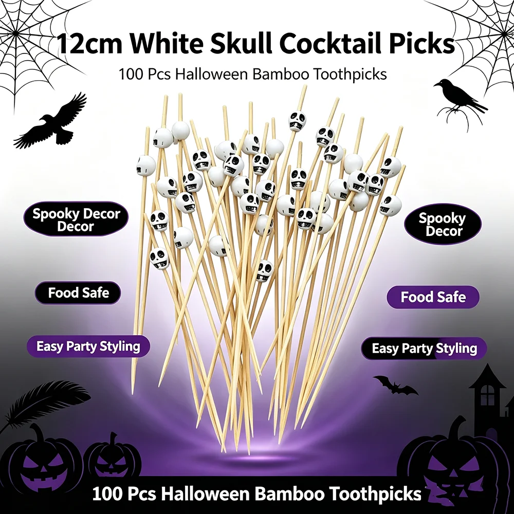 12cm Bamboo Cocktail Picks with 8mm White Skull Toppers Skeleton Fruit Toothpicks Halloween Day of The Dead Party Food Picks