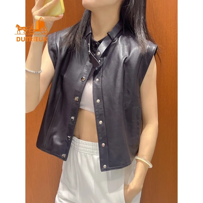 Autumn Women's Small Stand-up Collar Pocket Real Leather Vest, 100% Genuine Sheepskin Dignified Noble Intellectual Gentle Coat