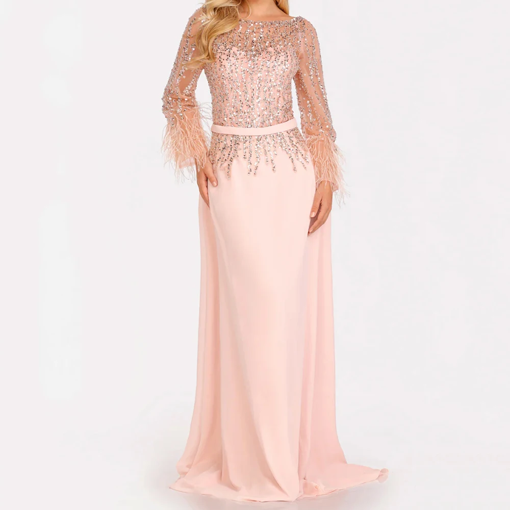 

Вечерние платья русалки по индивидуальному заказу, длиной до пола, с круглым вырезом и длинными рукавами, платье для выпускного вечера, модное вечернее платье с блестками и перьями и открытой спиной