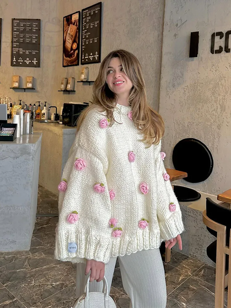 Oversized Chunky Knit Sweater Crew Neck 3D Handmade Pink Rose Floral Applique Puff Long Sleeve Loose Soft Casual Pullover 260701