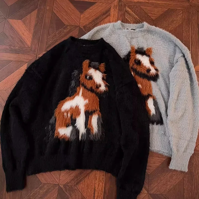 

Mink Hair Men's Sweater Knitwear Autumn Winter Cartoon Horse Pattern Round Neck Pullover Ugly Sweater Male Loose Oversize Knit