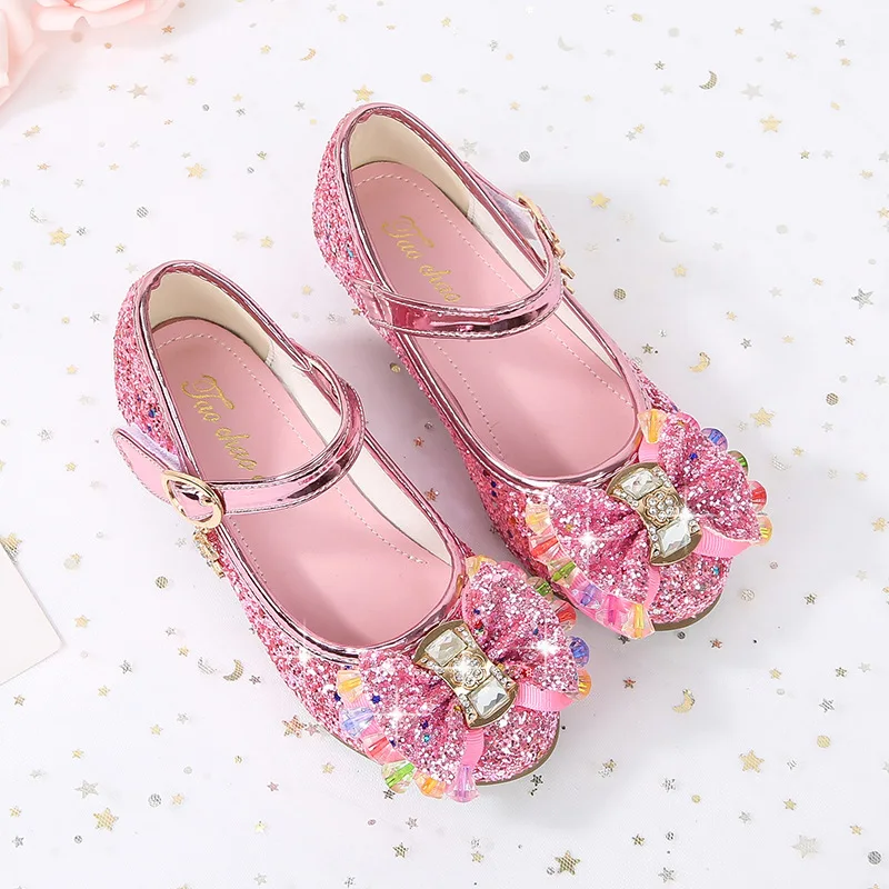 

Детская повседневная обувь, туфли принцессы с блестками и кристаллами из искусственной кожи, весенняя обувь для девочек, нескользящая черная, серебряная обувь, размер 26-38