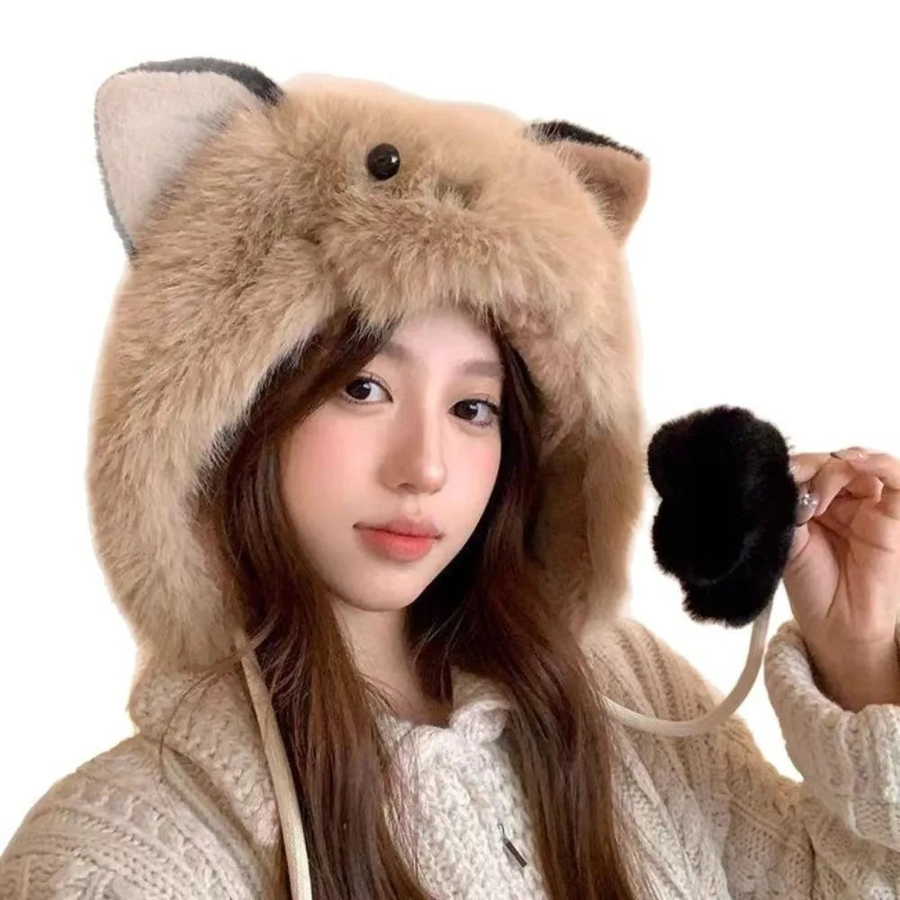 Kawaii Cat Ear Warm Winter Hat Thickened Ear Protection Flap Earflap Hat Windproof Fur Ball Pom Winter Hat Women
