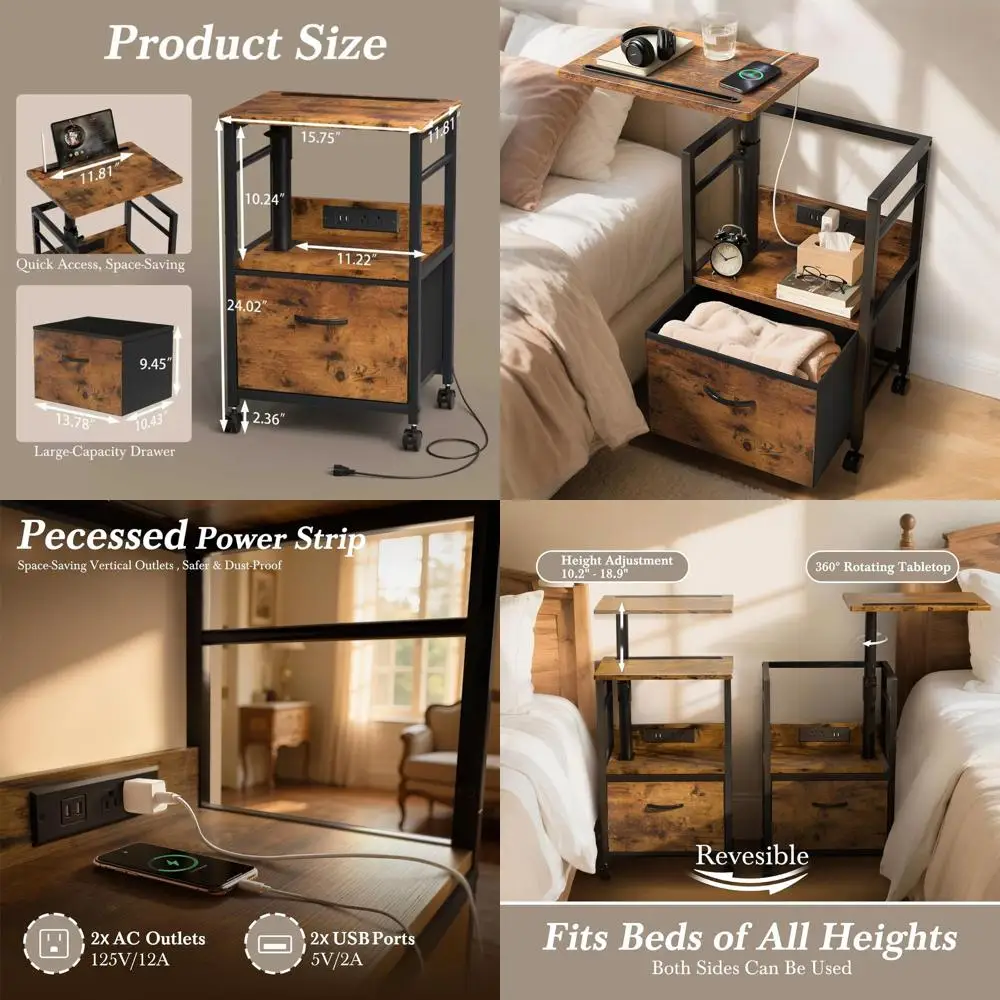 

Регулируемая двухъярусная поворотная тумбочка с зарядной станцией, тканевым ящиком, колесиками, коричневого цвета в деревенском стиле для спален и гостиной R