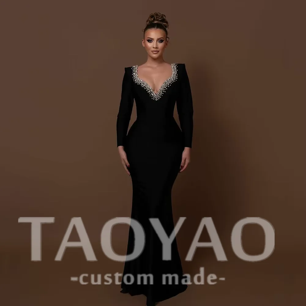 

Sexy Black Mermaid Evening Dresses Long Sleeves Beading Satin Floor Length Pleat Prom Gowns Formal Party Dress Customized