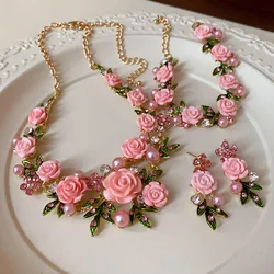 Flower Inlaid Crystal Pearl Necklace Earrings Temperament Collarbone Chain Accessories