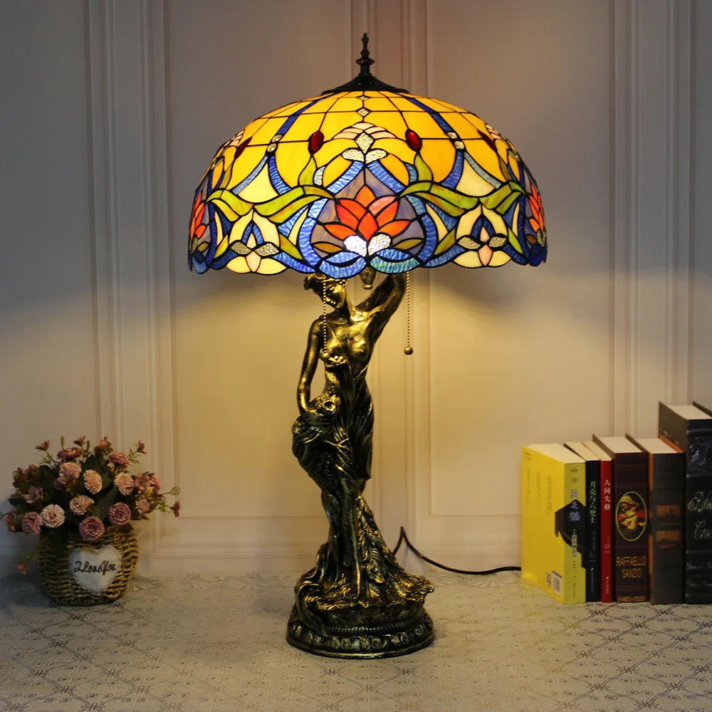 

16inch Tiffany Modern Design Baroque Stained Glass Table Lamps Bedside Lights Country Beauty Base for Living Bedroom Decoration